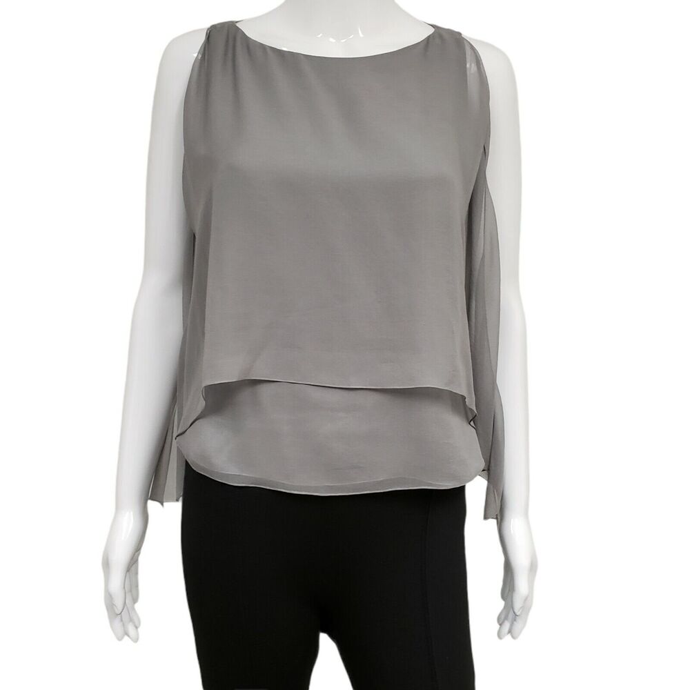 MORGANE LE FAY Gray 100% Silk Sleeveless Asymmetrical Top Blouse Vest Size XS